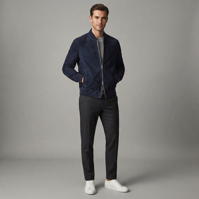 Men's Dark Blue Suede Bomber Jacket