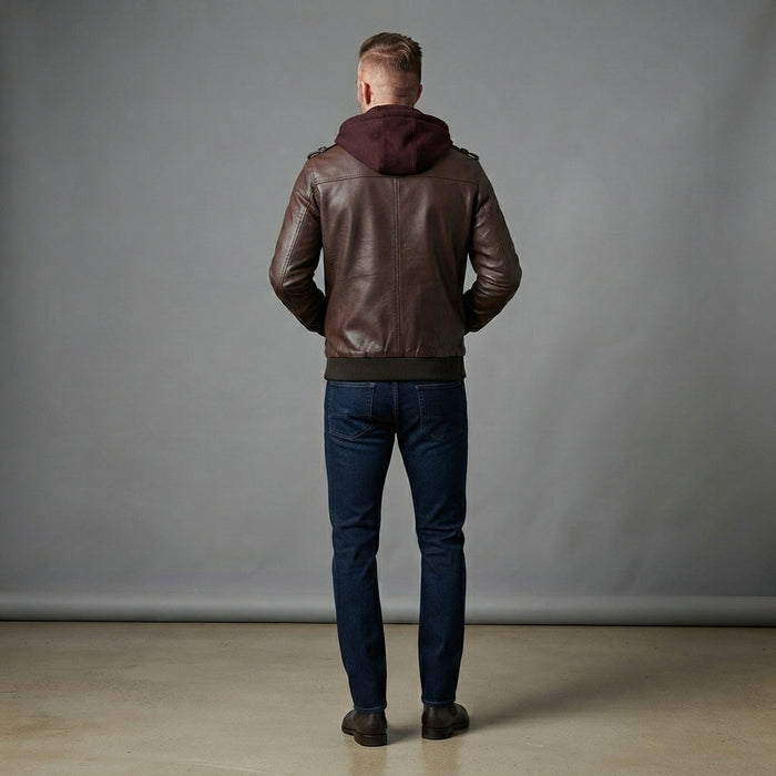 Men's Dark Brown Leather Bomber Jacket With Hood