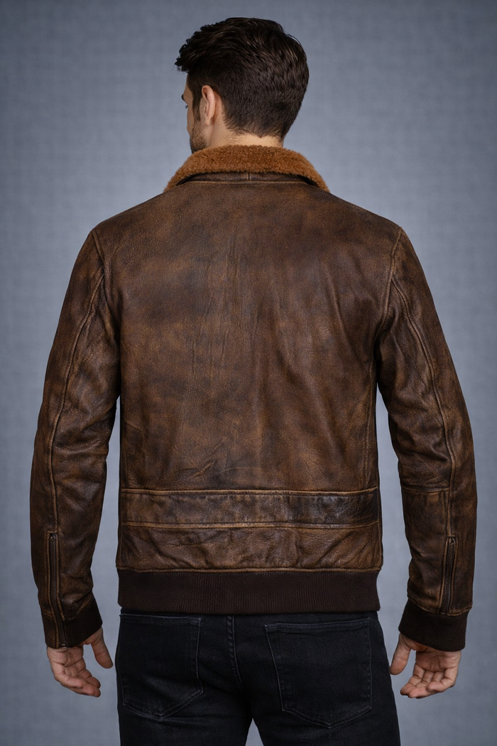 Men's Distressed Brown Leather Bomber Jacket