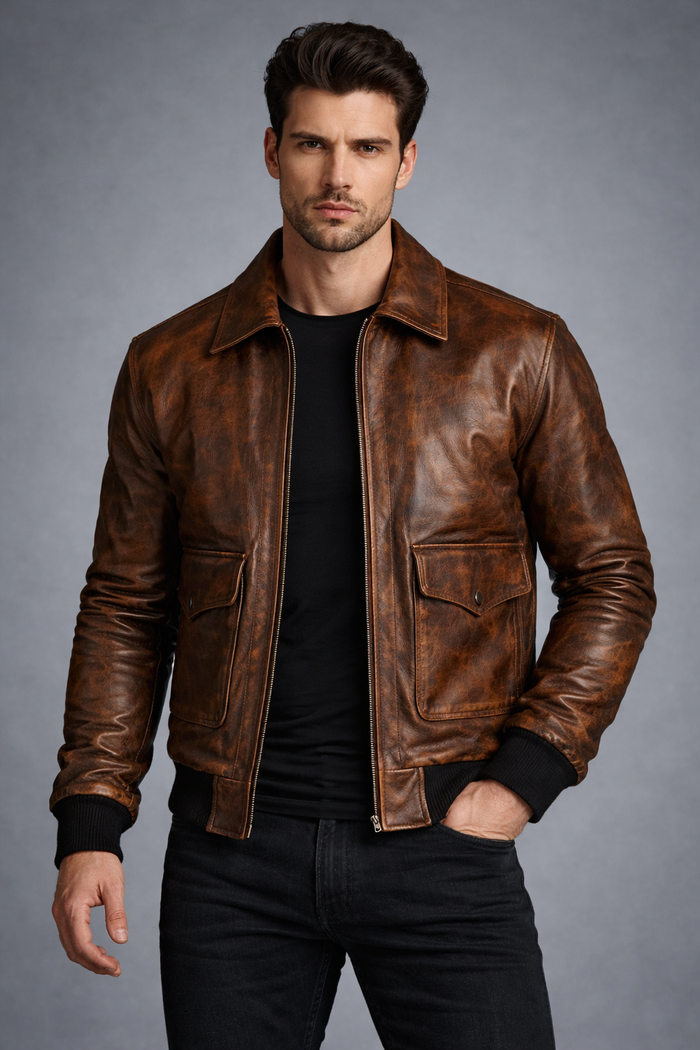 Men's Distressed Brown Sheepskin Bomber Jacket