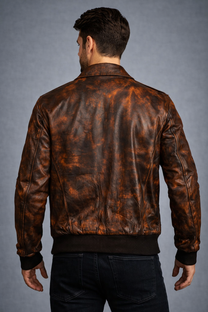 Men's Distressed Brown Sheepskin Bomber Jacket