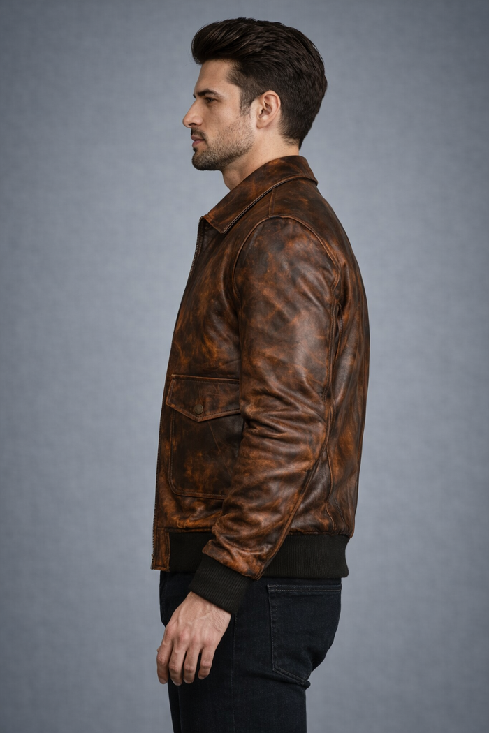 Men's Distressed Brown Sheepskin Bomber Jacket