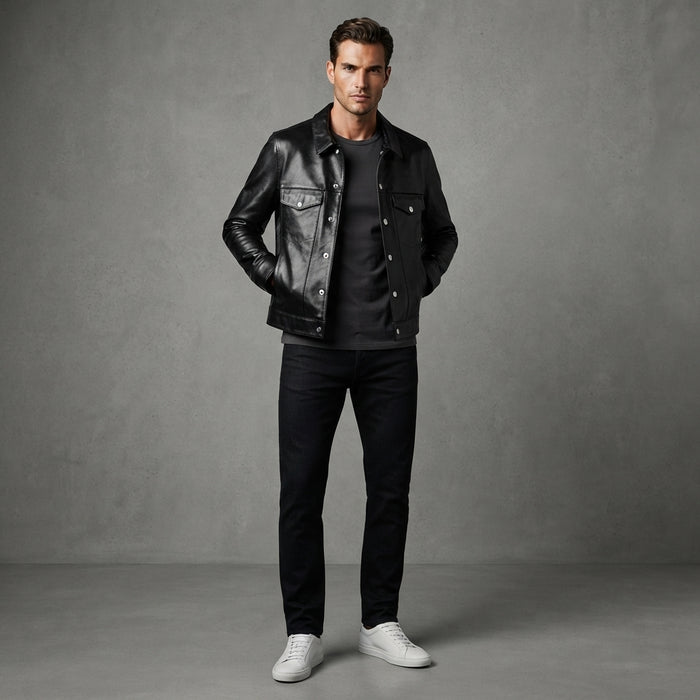 Men's Genuine Leather Button-Up Trucker Jacket
