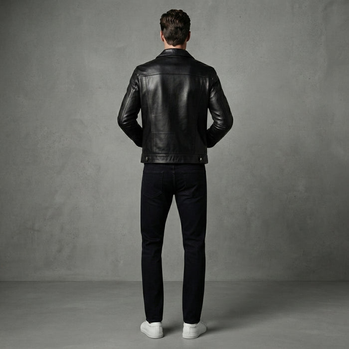 Men's Genuine Leather Button-Up Trucker Jacket