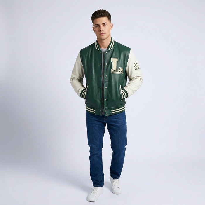 Men's Green and Cream Wool Leather Varsity Jacket
