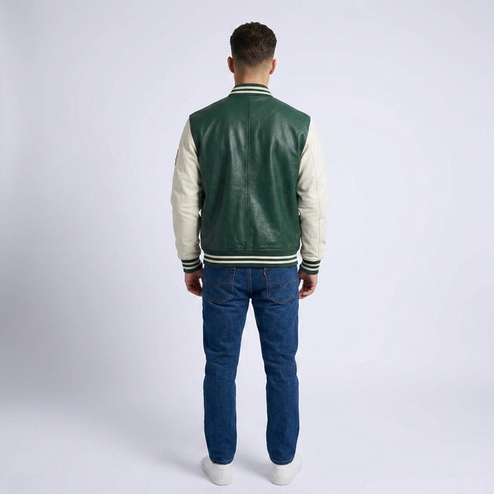 Men's Green and Cream Wool Leather Varsity Jacket