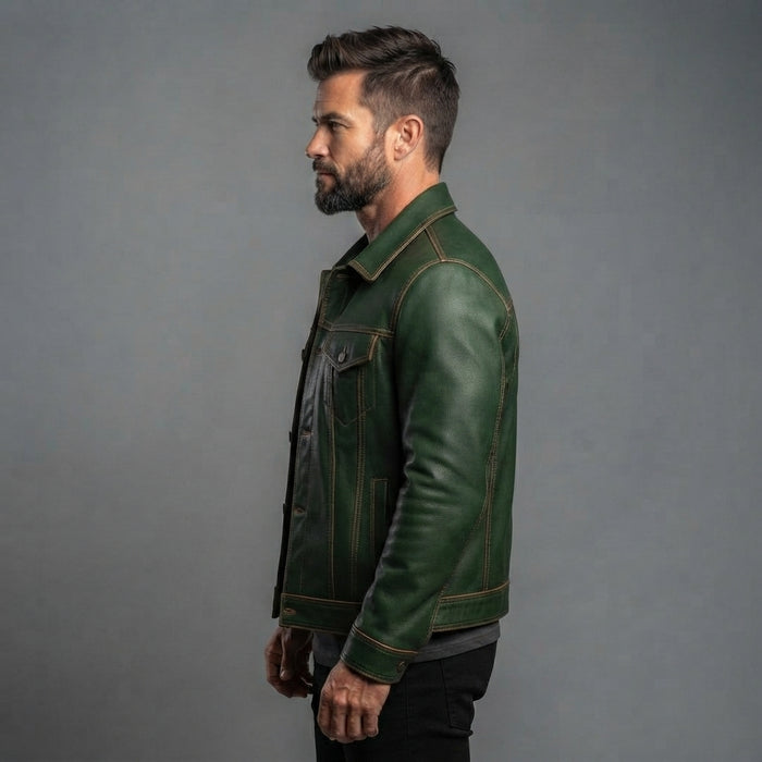 Men's Green Leather Biker Moto Trucker Jacket