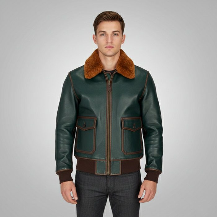 Men's Green Leather Flight Jacket