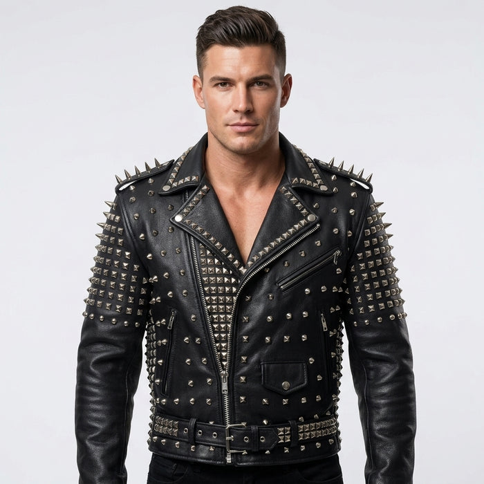 Men's Heavy Silver Studded Black Leather Biker Jacket