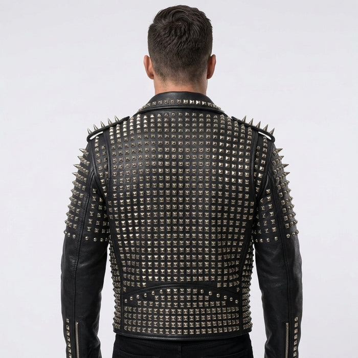 Men's Heavy Silver Studded Black Leather Biker Jacket