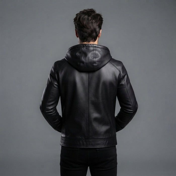 Men's Hooded Black Leather Jacket
