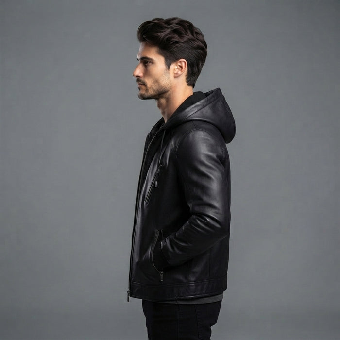 Men's Hooded Black Leather Jacket