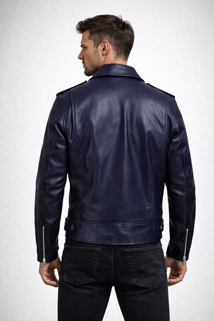 Men's Navy Blue Biker Leather Jacket