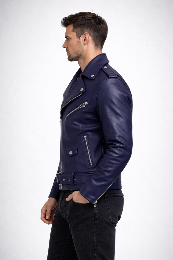 Men's Navy Blue Biker Leather Jacket
