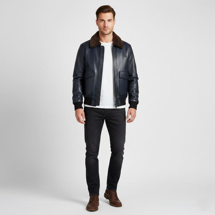 Men's Navy Flight Bomber Leather Jacket