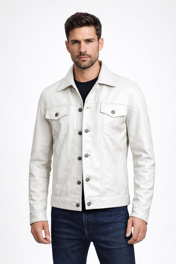 Men's Off White Leather Trucker Jacket