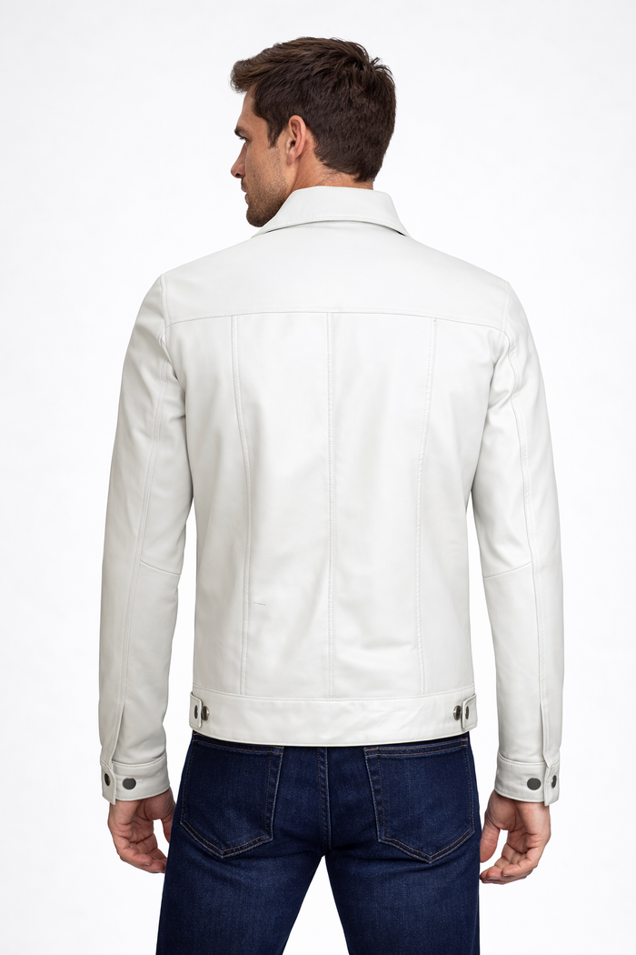 Men's Off White Leather Trucker Jacket