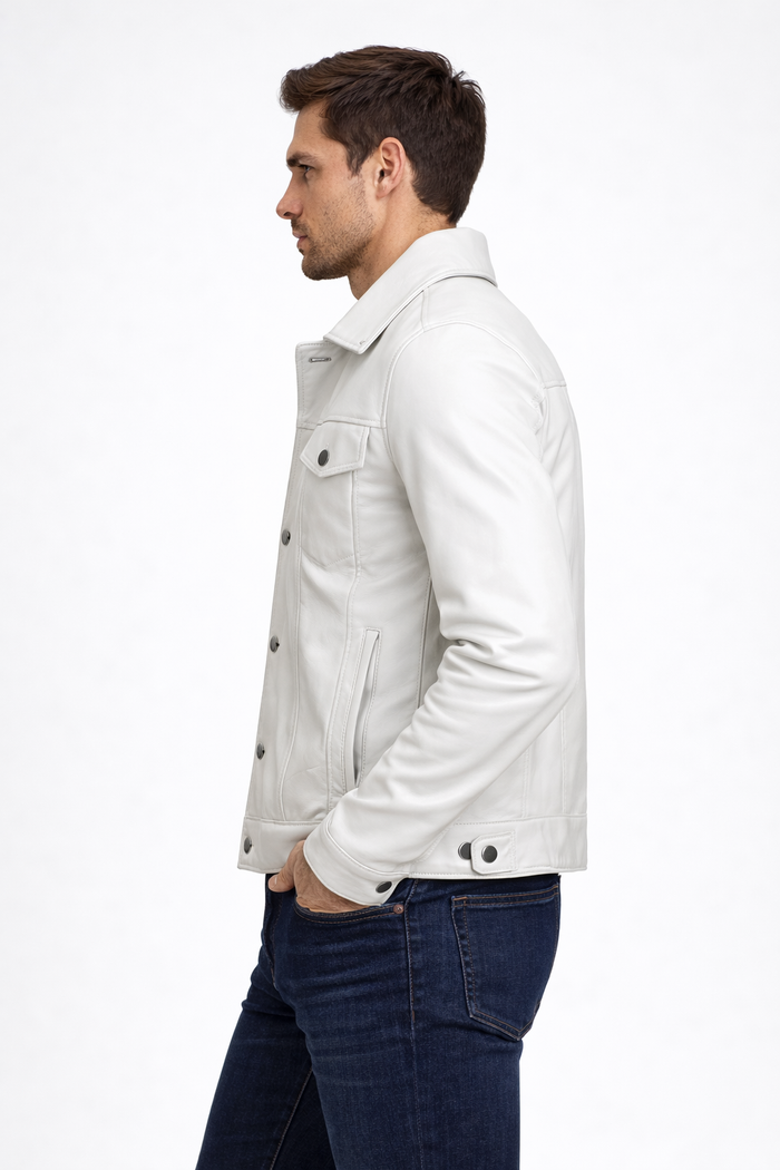 Men's Off White Leather Trucker Jacket