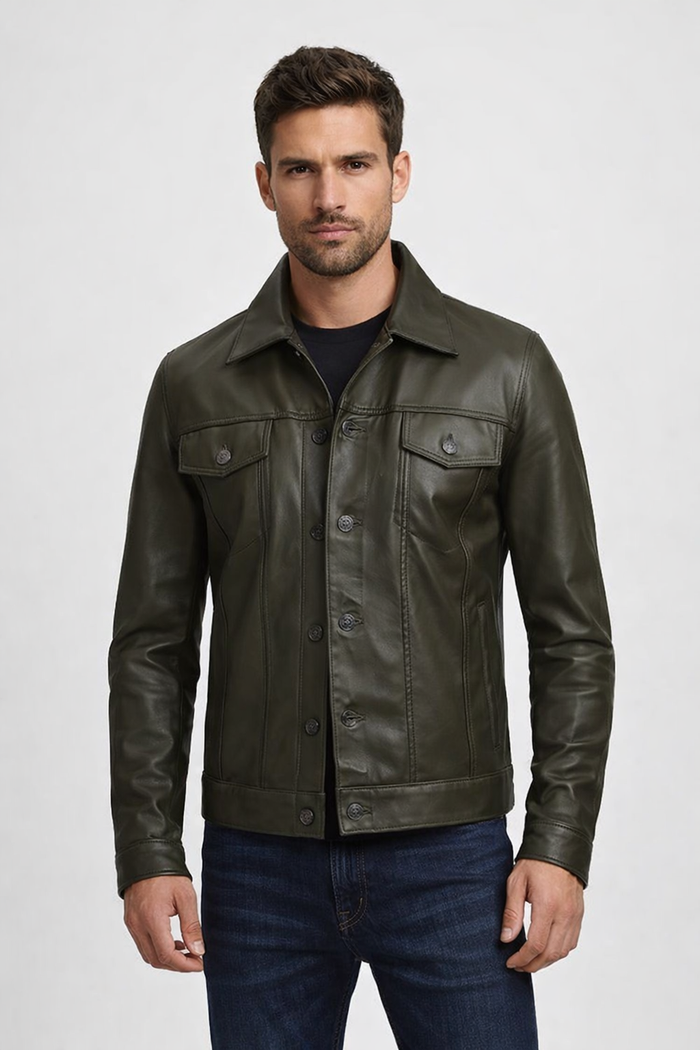 Men's Olive Green Leather Trucker Jacket