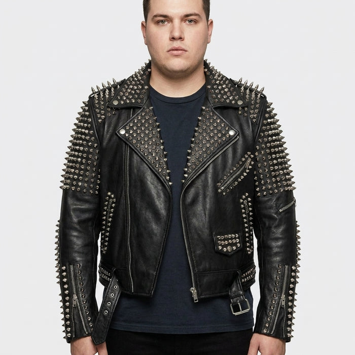 Men's Punk Metal Button Studded Biker Leather Jacket