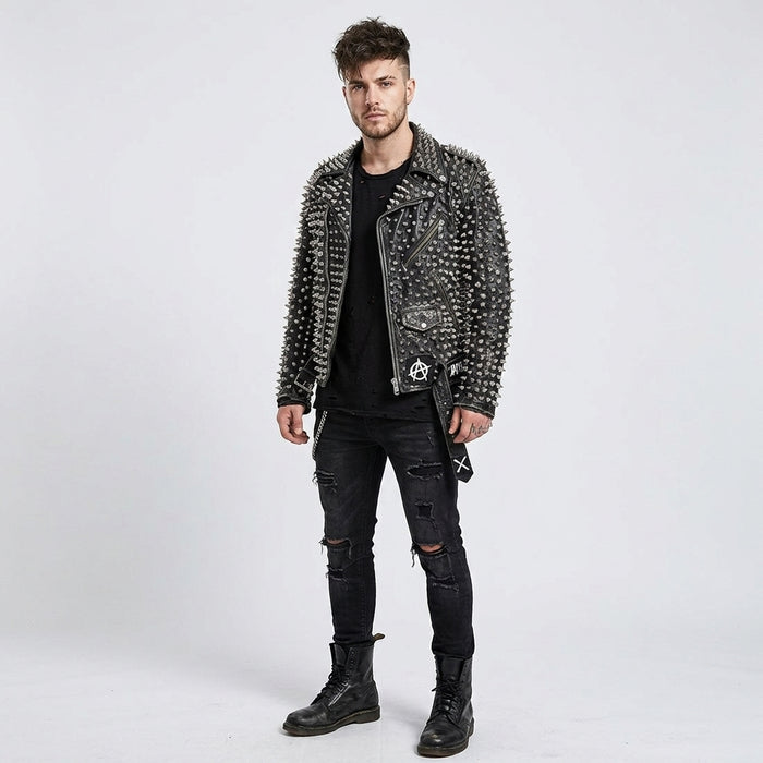 Men's Punk Metal Button Studded Leather Jacket