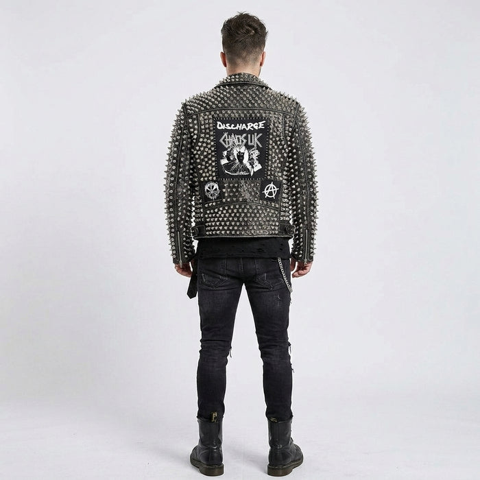 Men's Punk Metal Button Studded Leather Jacket