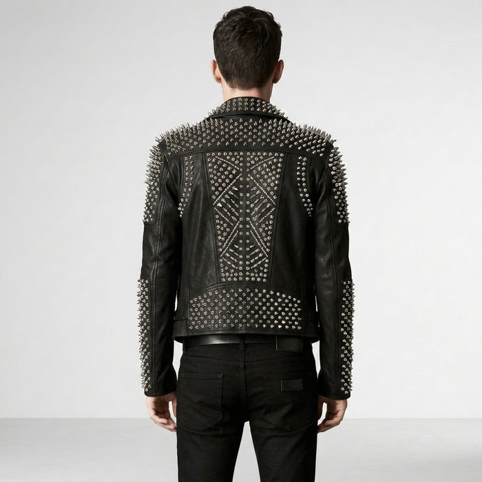 Men's Studded Biker Leather Jacket In Black