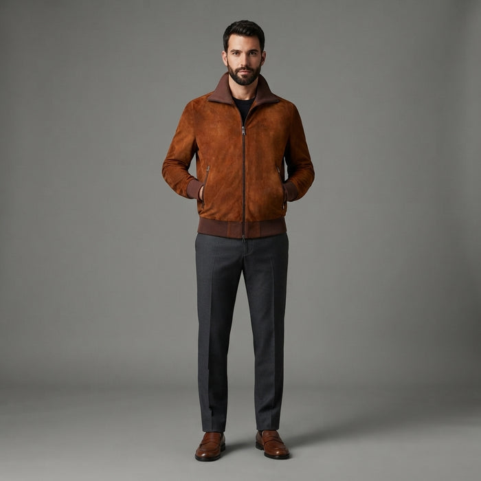 Men's Suede Blouson Long Sleeve Leather Jacket