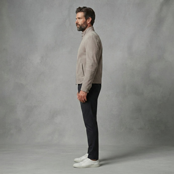 Men's Tan Suede Stand Collar Moto Jacket
