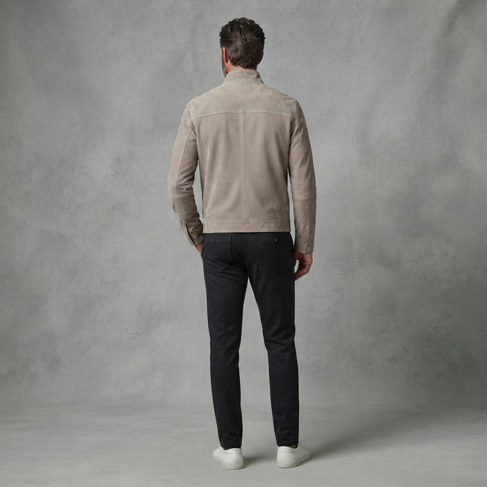 Men's Tan Suede Stand Collar Moto Jacket