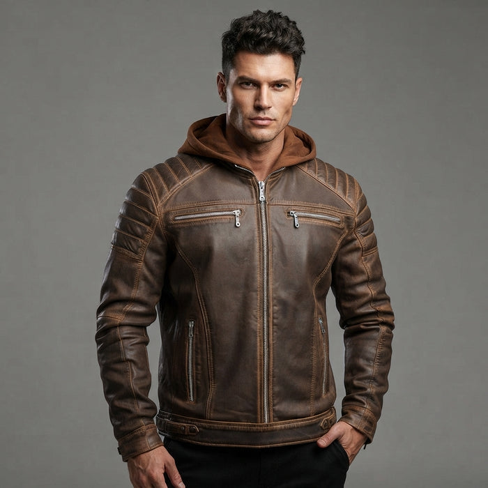 Men's Voguish Brown Detachable Hooded Leather Jacket