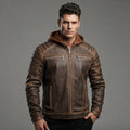 Men's Voguish Brown Detachable Hooded Leather Jacket