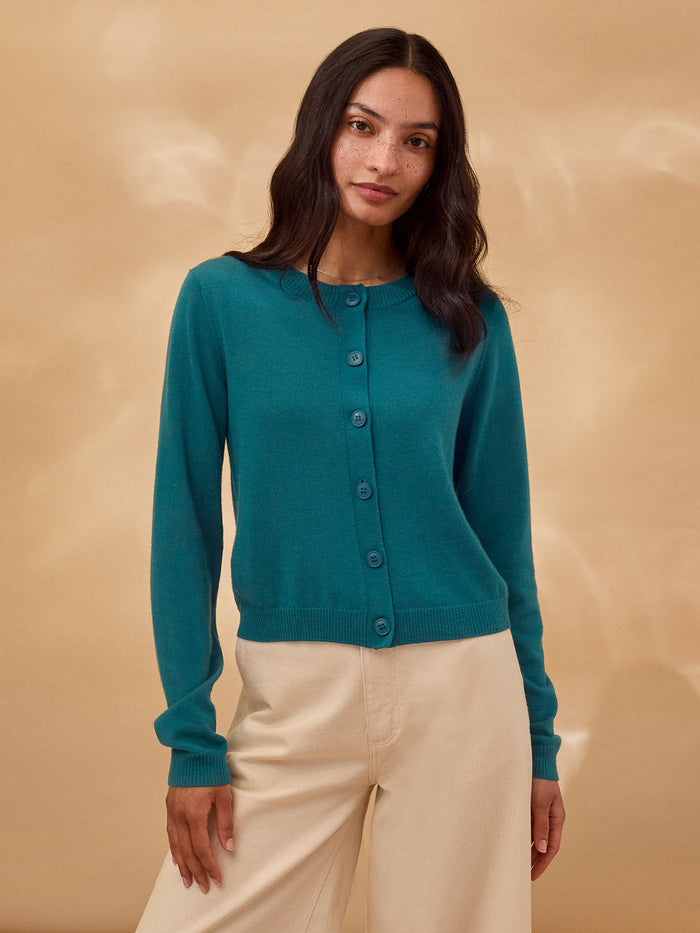 Merino Blend Fine Knit Crew Neck Cardigan
