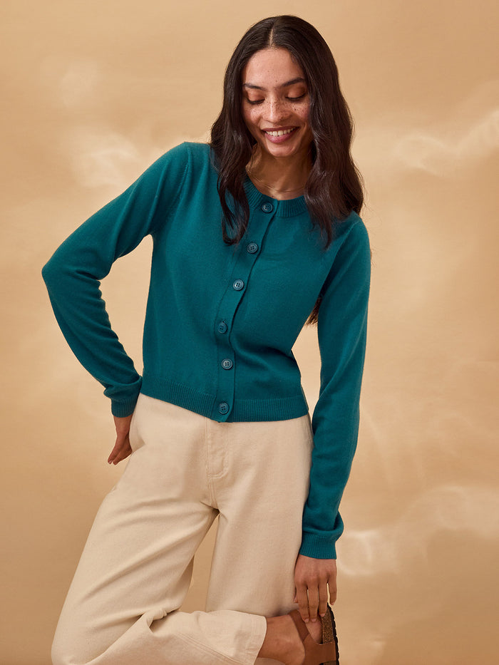 Merino Blend Fine Knit Crew Neck Cardigan