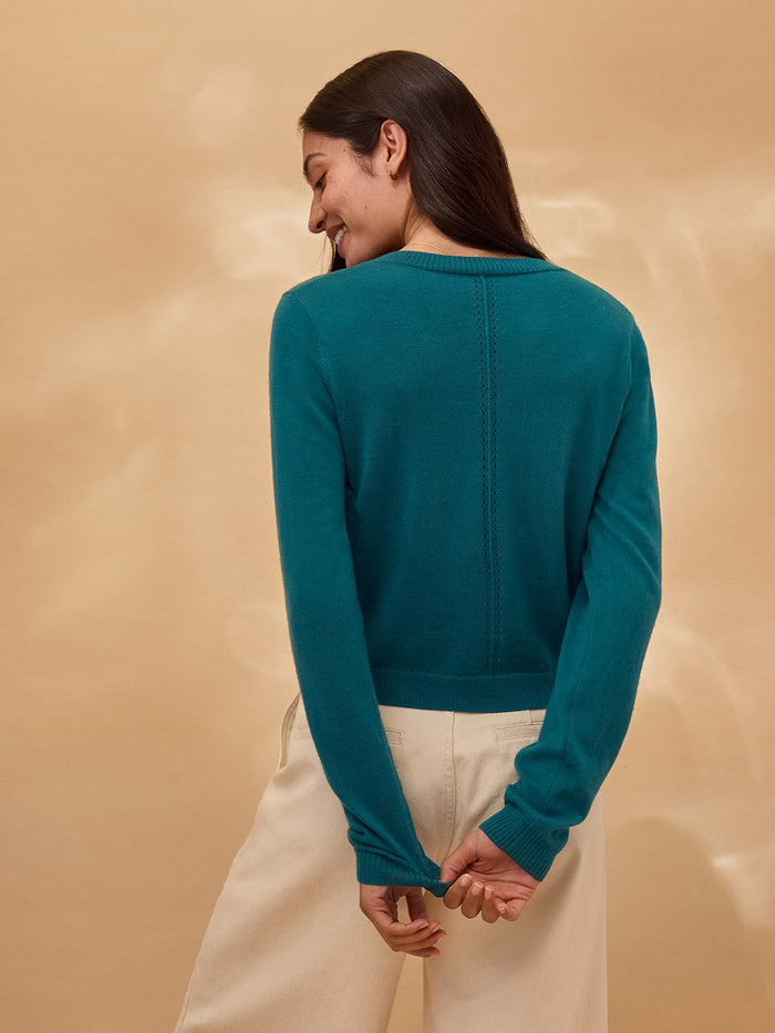 Merino Blend Fine Knit Crew Neck Cardigan