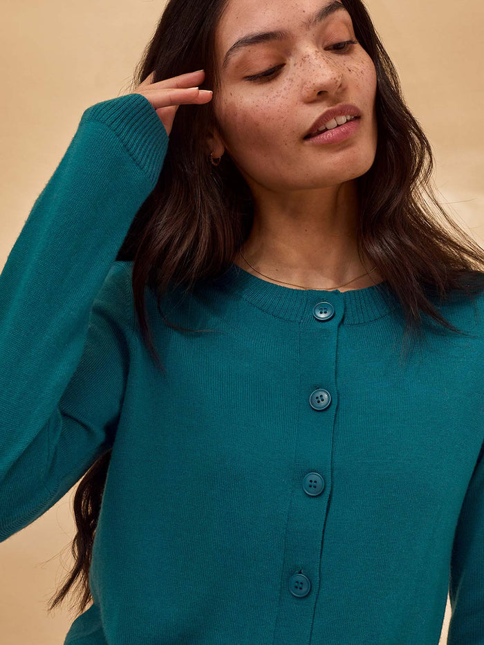Merino Blend Fine Knit Crew Neck Cardigan