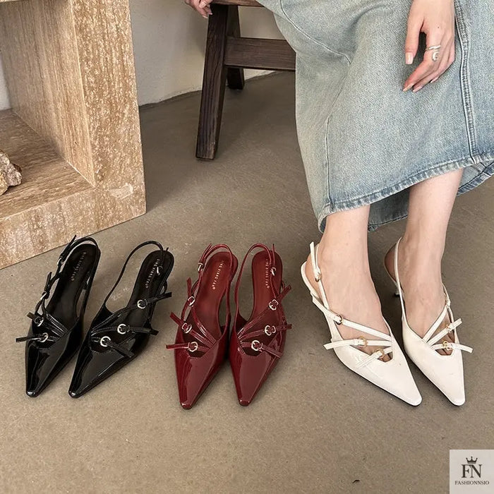 Metal Buckle Strap Pointed Heels - Fashionnsio