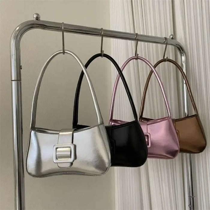 Metallic Glossy Buckle Shoulder Bags fashionnsio