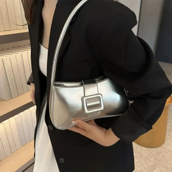 Metallic Glossy Buckle Shoulder Bags fashionnsio