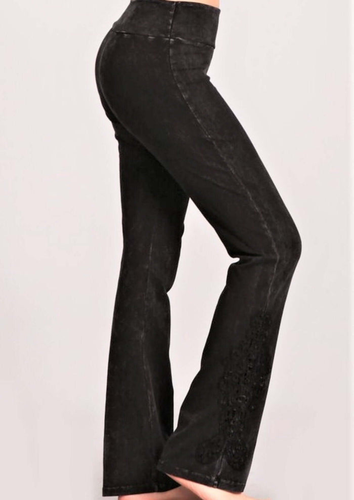 Mineral Washed Bootcut Jeggings with Crochet Detail - Made in USA - RFE Marketing Ventures