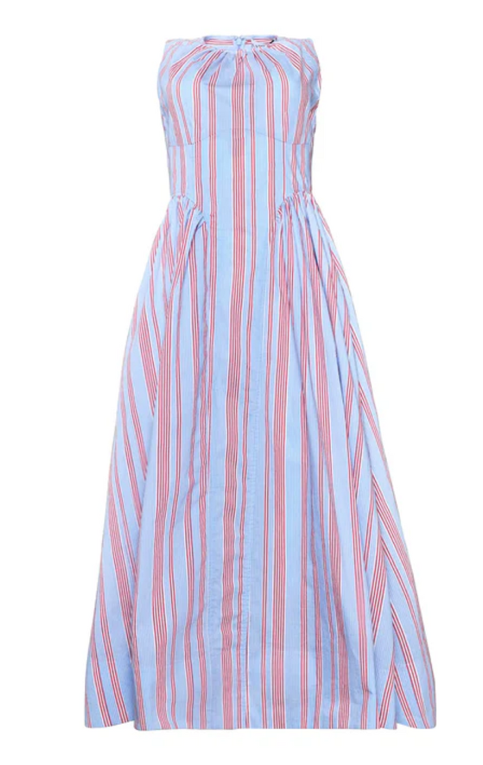 Striped dress with pink and blue vertical stripes on a white background