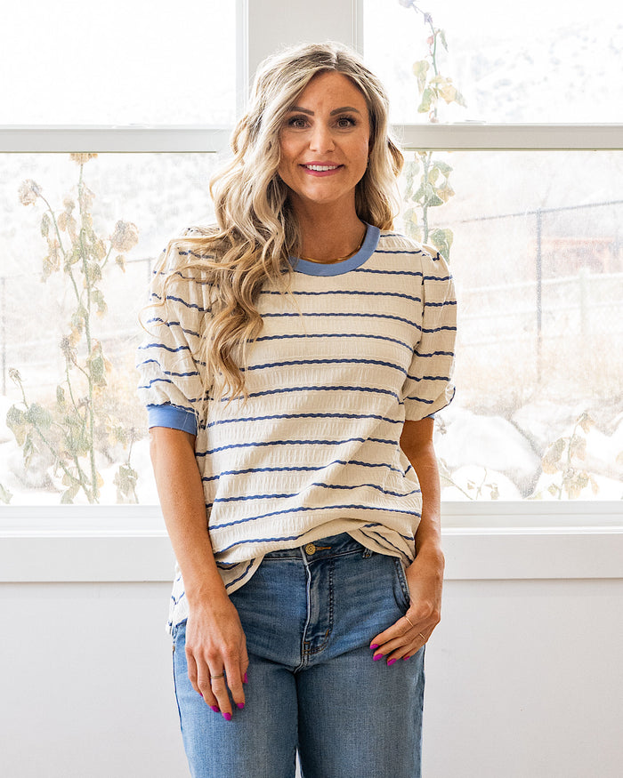 NEW! Alexa Textured Striped Puff Sleeve Top - Ivory & Denim Lovely Melody