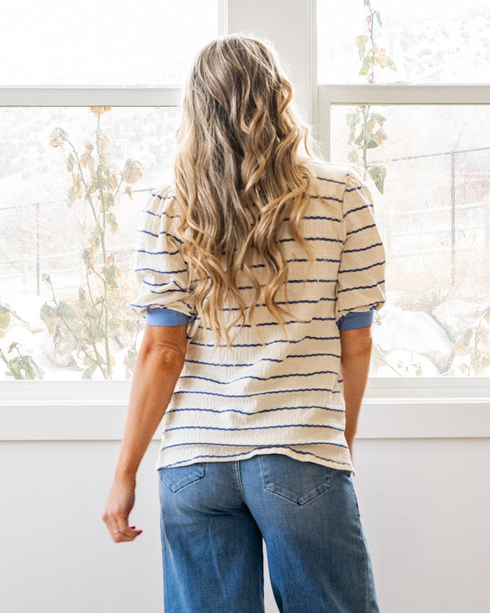 NEW! Alexa Textured Striped Puff Sleeve Top - Ivory & Denim Lovely Melody