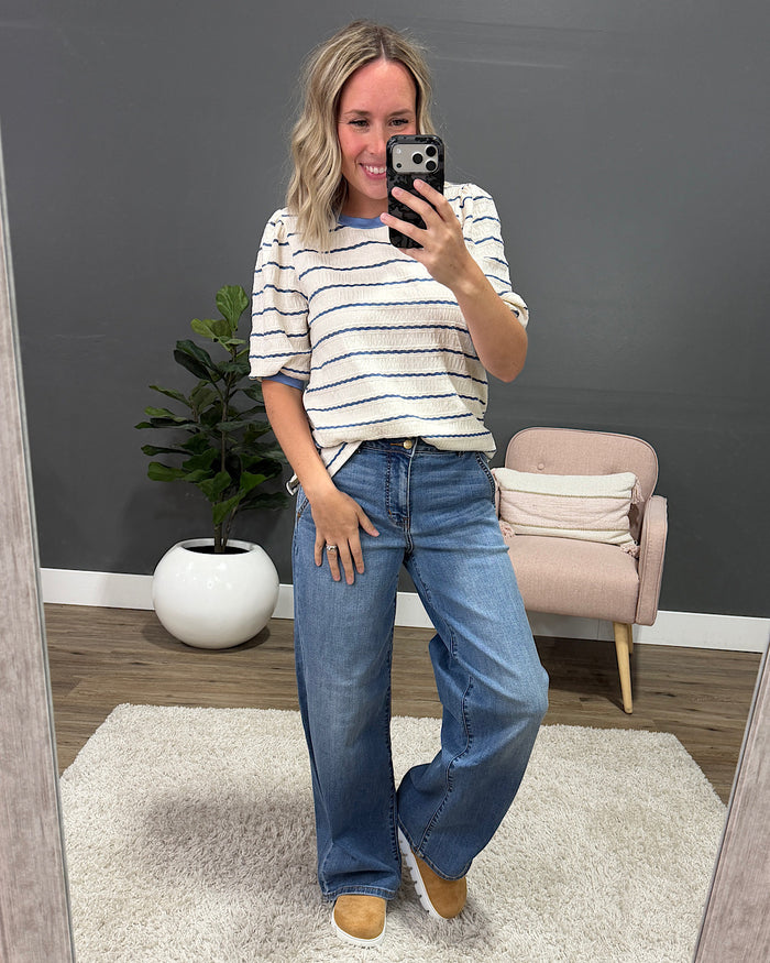 NEW! Alexa Textured Striped Puff Sleeve Top - Ivory & Denim Lovely Melody