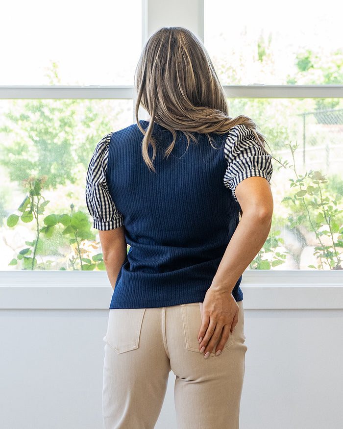 NEW! Archer Plaid Puff Sleeve Top - Navy Staccato