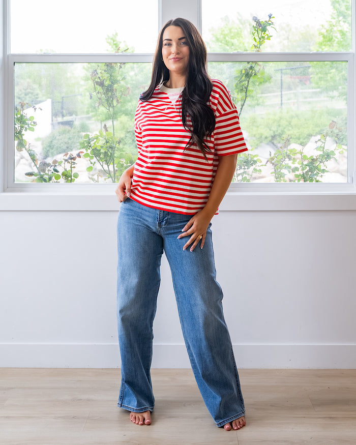 NEW! Hazel Contrast Striped Top - Red & Taupe Mine