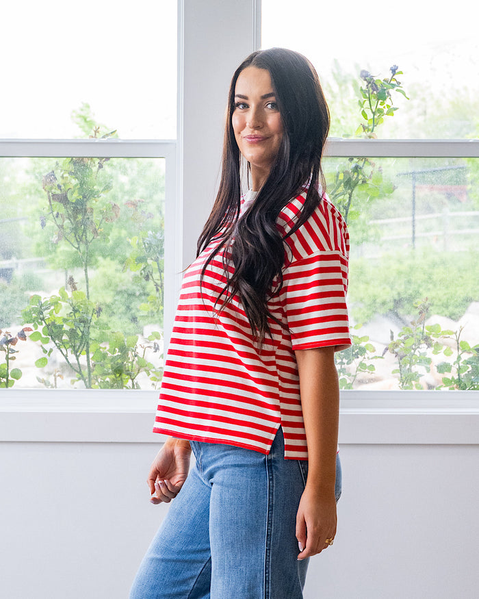 NEW! Hazel Contrast Striped Top - Red & Taupe Mine