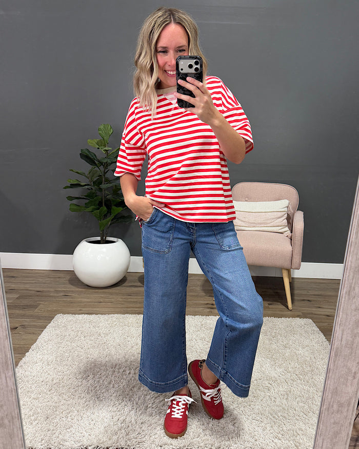 NEW! Hazel Contrast Striped Top - Tan & Blue Mine