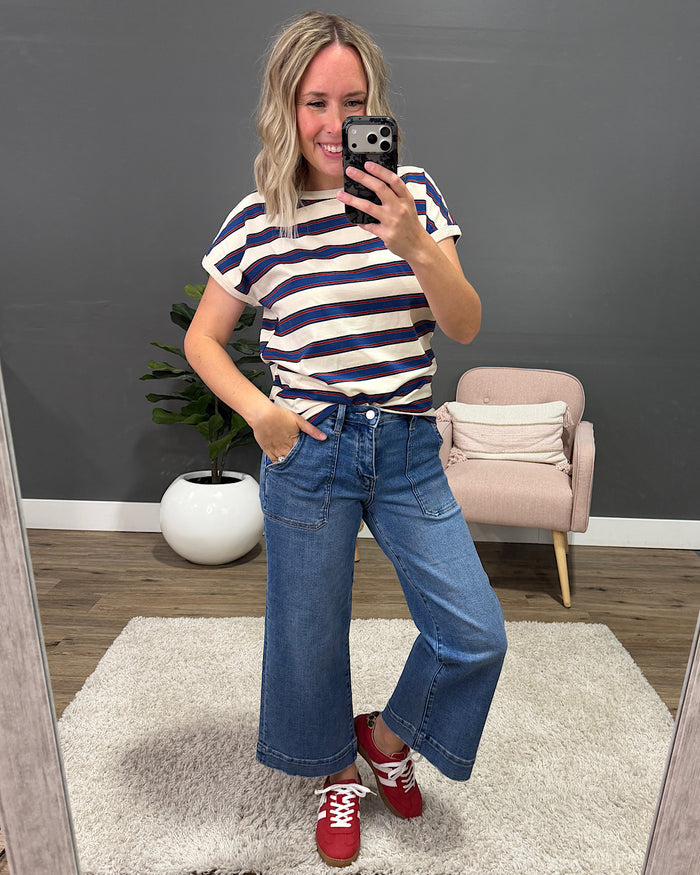 NEW! Kelly Striped Drop Shoulder Top - Ivory & Royal Staccato