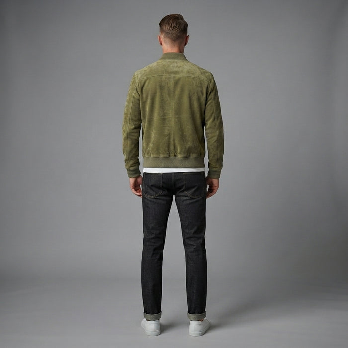 New Men's Real Olive Green Suede Leather Bomber Jacket